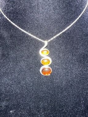 Sterling Silver Amber Triple Drop Pendant Necklace - Orange Amber